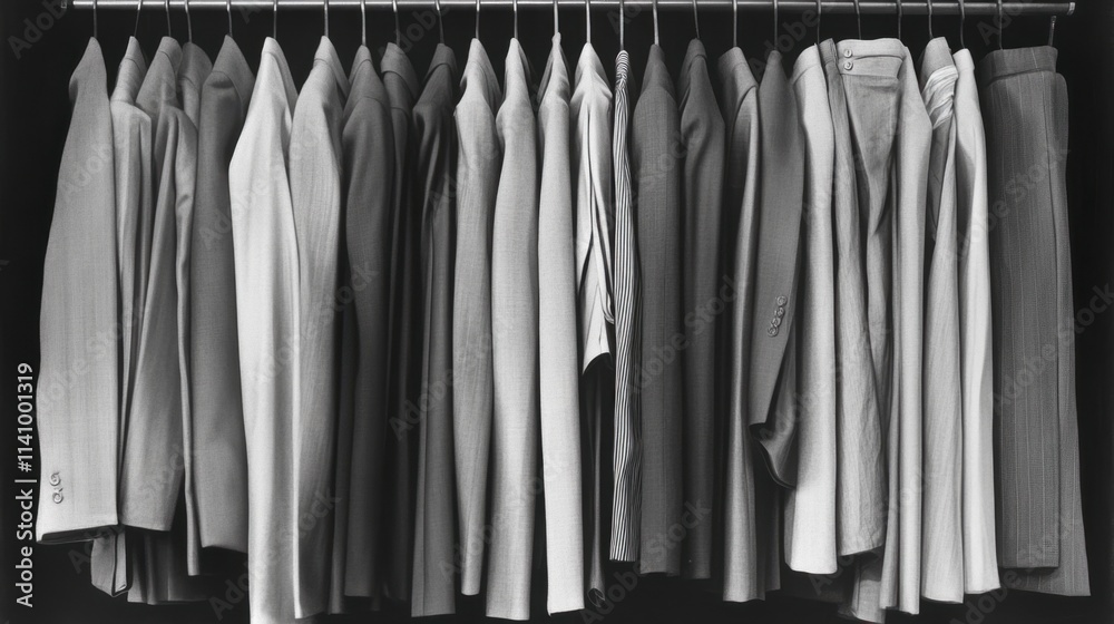 Collection of Tailored Suits on Hangers in a Modern Wardrobe Collection of Tailored Suits on Hangers in a Modern Wardrobe