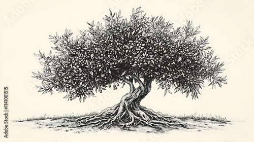 Olive tree full of ripe olives, set in a serene landscape with intricate root system and foliage sketch engraving raster illustration, scratch board imitation, black and white image