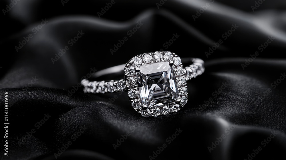 Elegant Diamond Ring on Black Silk Background Perfect for Romance Elegant Diamond Ring on Black Silk Background Perfect for Romance