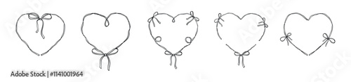 Filigree ribbon irregular heart frame with tiny bow in retro victorian style. Girly coquette hand drawn sketch vector illustration. Cute vintage Valentines day romantic baroque design