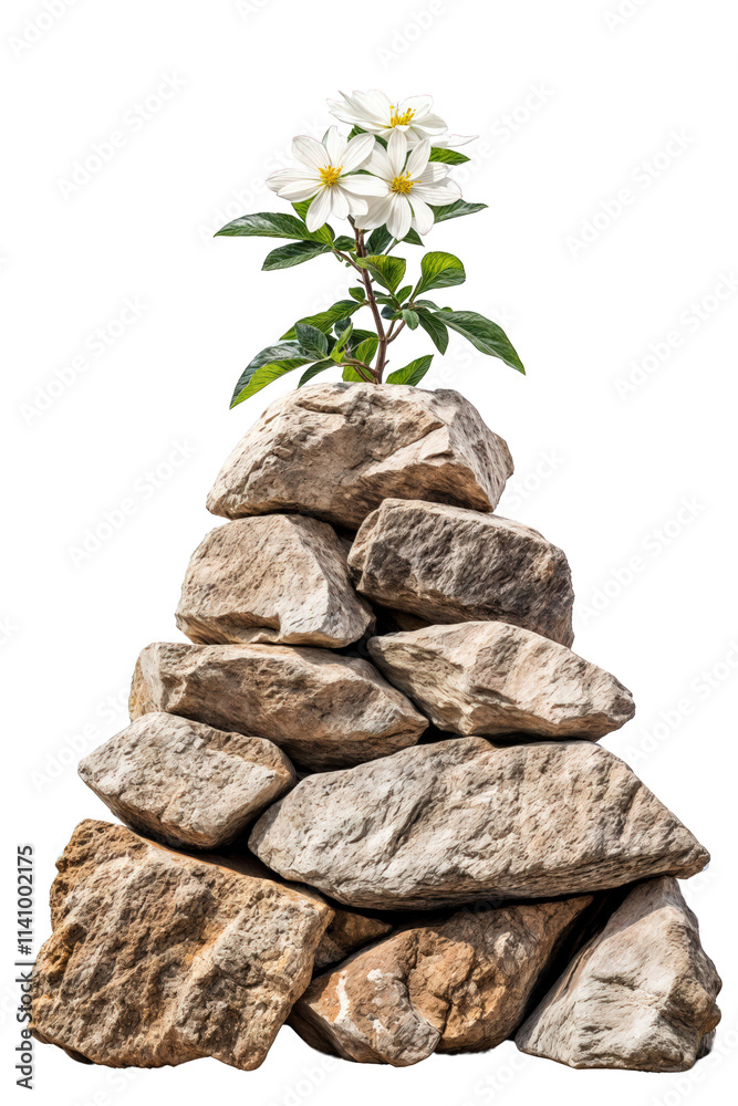 White flowers growing on stacked rocks, concept of nature and resilience, isolated on transparent background.