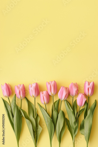 Composition of spring flowers, Pink tulips on yellow background. Easter, Valentine's Day, Women's Day, Mother's Day postcard. Flat lay, top view, copy space, place for text. Vertical