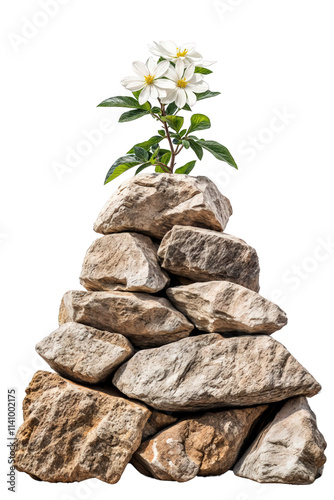 Obraz na płótnie White flowers growing on stacked rocks, concept of nature and resilience, isolated on transparent background.
w salonie