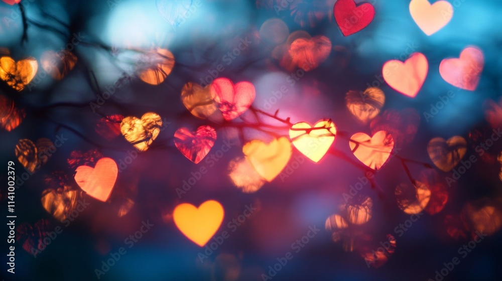 Heart shaped lights shine brightly through branches Heart shaped lights shine brightly through branches