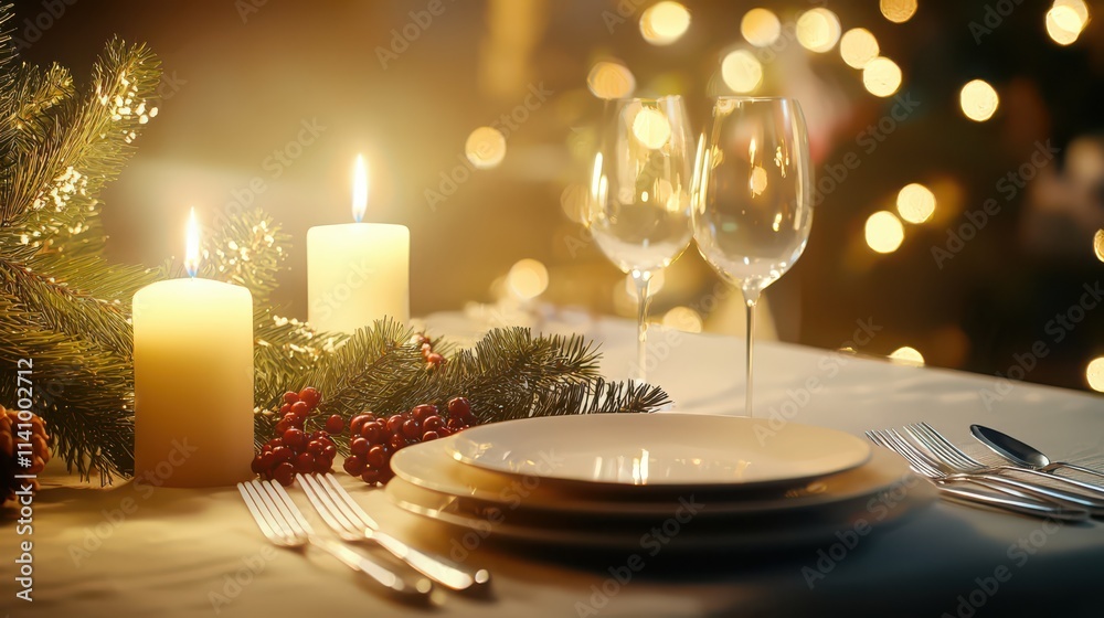 Old-fashioned holiday dinner table with silverware, candles, and a centerpiece of pine and berries. Old-fashioned holiday dinner table with silverware, candles, and a centerpiece of pine and berries.