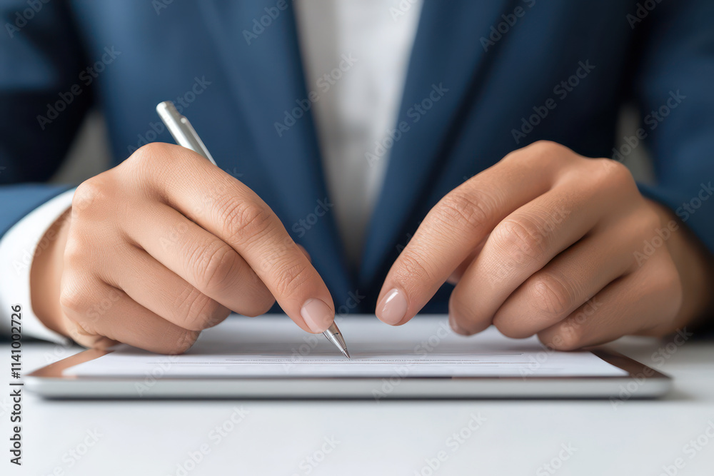 Professional hands writing on tablet, showcasing focus and precision in business setting Professional hands writing on tablet, showcasing focus and precision in business setting
