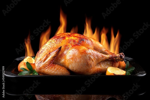 a roasted turkey on a grill with flames photo