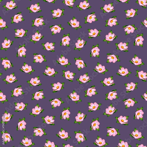 Fashion atercolor illustration of a single isolated pink flower with yellow center green and leaves violet black background. Ideal for textile, wallpaper, cards, design and decorative use	 photo