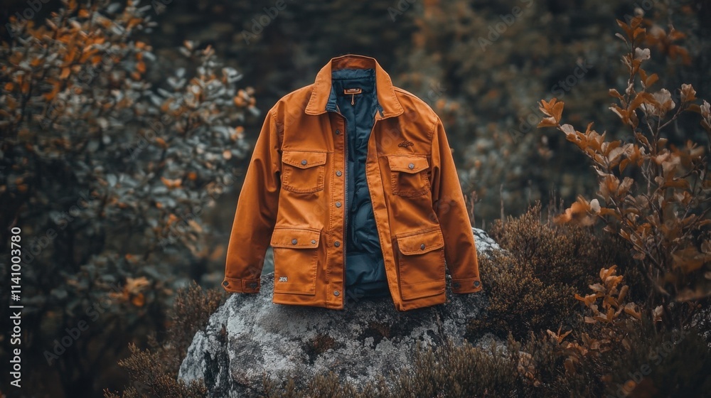 Stylish Orange Jacket Hanging on Rock Surrounded by Autumn Foliage Stylish Orange Jacket Hanging on Rock Surrounded by Autumn Foliage