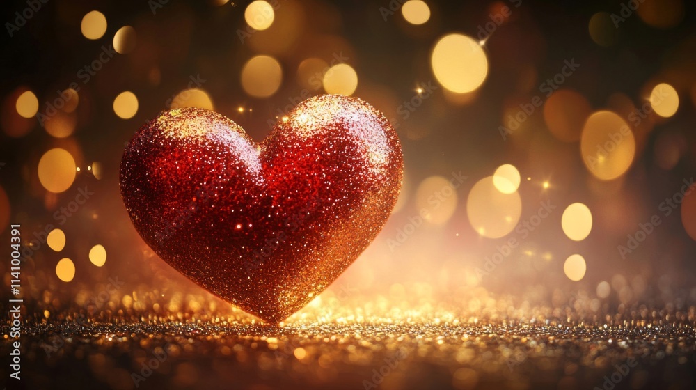 Glittering Red Heart On Golden Sparkling Background Glittering Red Heart On Golden Sparkling Background