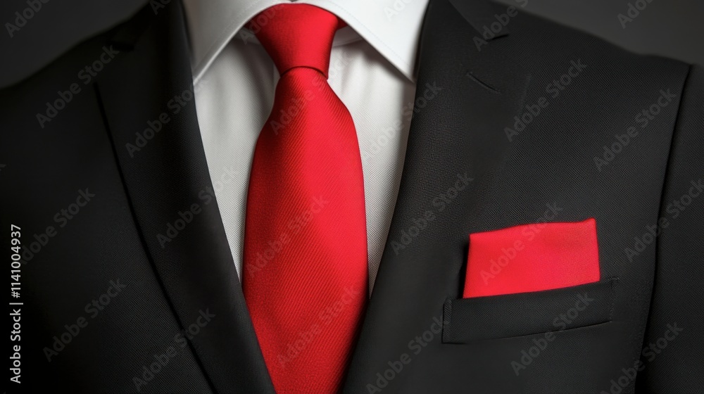 Elegant Black Suit with Red Tie and Pocket Square on Dark Background Elegant Black Suit with Red Tie and Pocket Square on Dark Background