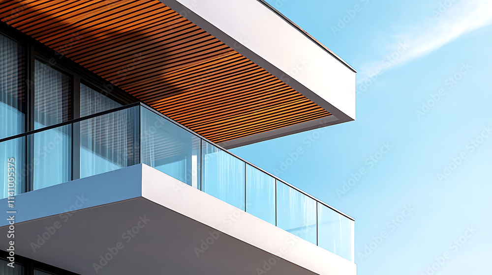 Fototapeta premium Perspective of a contemporary, minimalist balcony featuring glass, wooden sun shades, and sleek, contemporary lines