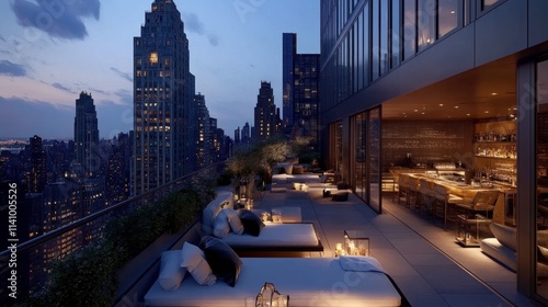 Luxurious Rooftop Lounge with City View at Dusk in Urban Setting