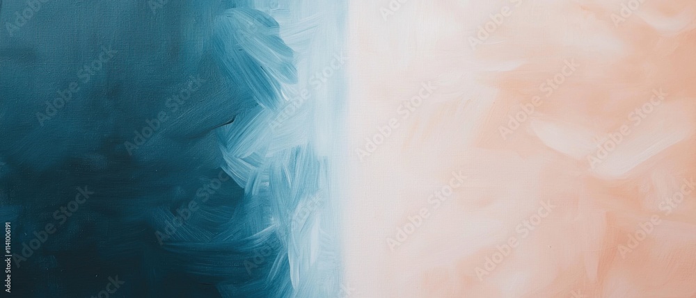 Obraz premium Abstract painting with a combination of blue and peach colors. on the left side of the image, there is a dark blue background with a hint of white, creating a textured effect.