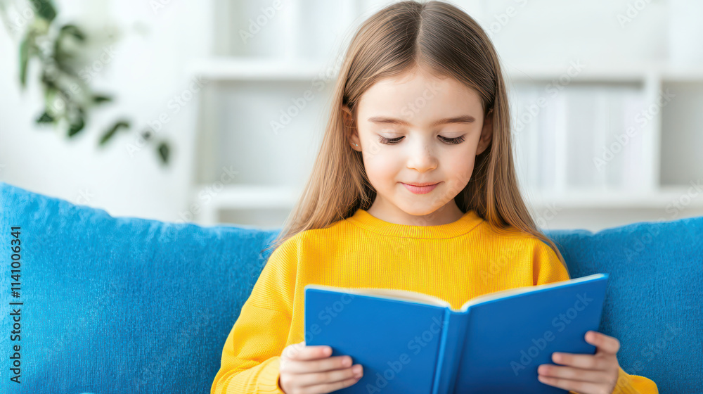 young girl in yellow sweater reads blue book on cozy couch, immersed in her story young girl in yellow sweater reads blue book on cozy couch, immersed in her story