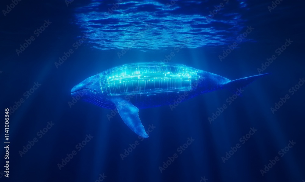 Underwater whale glowing with light beams. Underwater whale glowing with light beams.