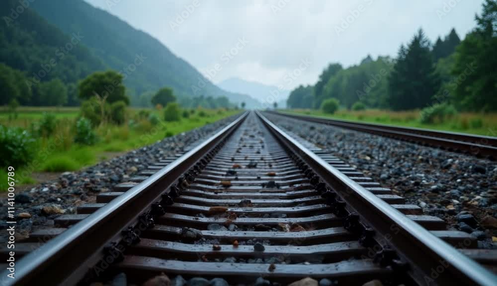 Railroad tracks stretching into the distance surrounded by nature Railroad tracks stretching into the distance surrounded by nature