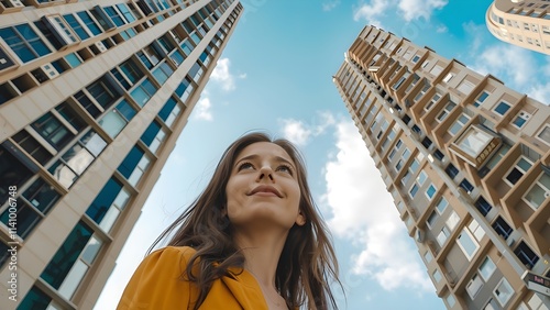 Low angle portrait of confidence young woman standing against highrise city buildings in city photo