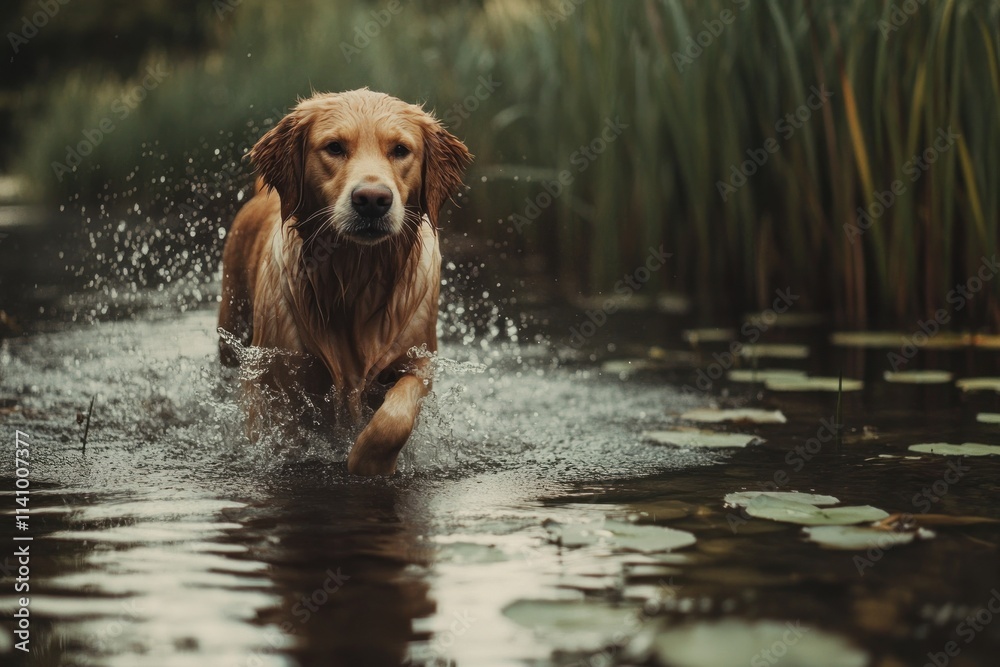 A golden retriever walking into a calm lake surrounded by reeds and lily pads A golden retriever walking into a calm lake surrounded by reeds and lily pads