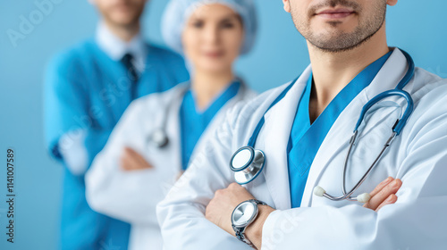 Medical professionals in scrubs and lab coats, showcasing teamwork and dedication in healthcare