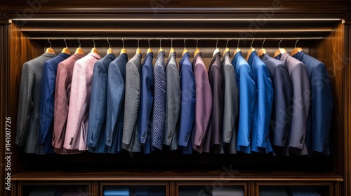 Elegant Collection of Men's Suits Displayed in a Stylish Closet