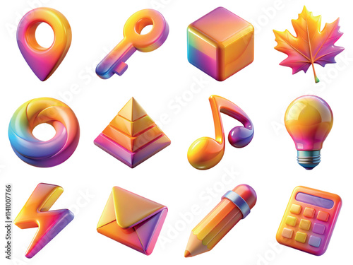 Colorful gradient 3d icons with glossy surface including key, cube, maple leaf, pyramid, music note, light bulb, lightning sign, envelope, pencil, calculator