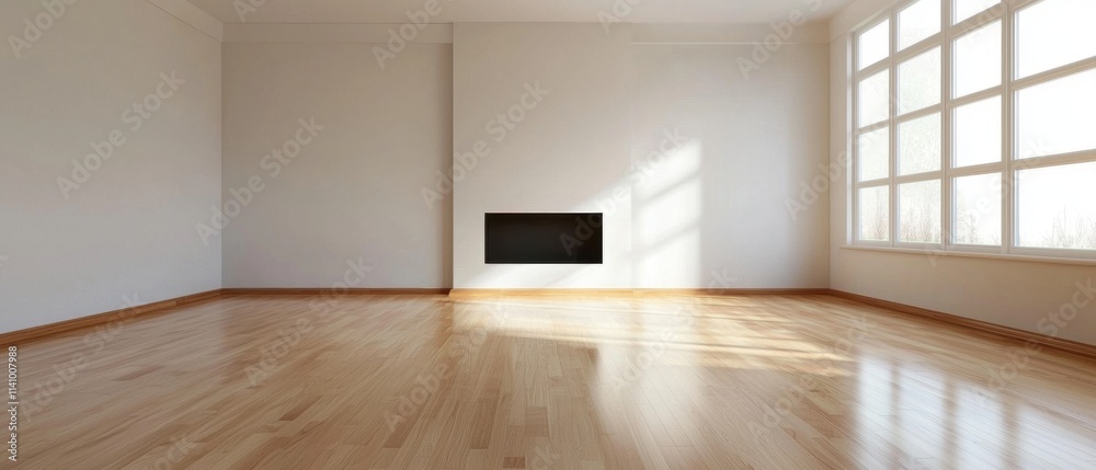 Empty room with wooden flooring and white walls. the room has a large window on the right side, allowing natural light to enter the space.