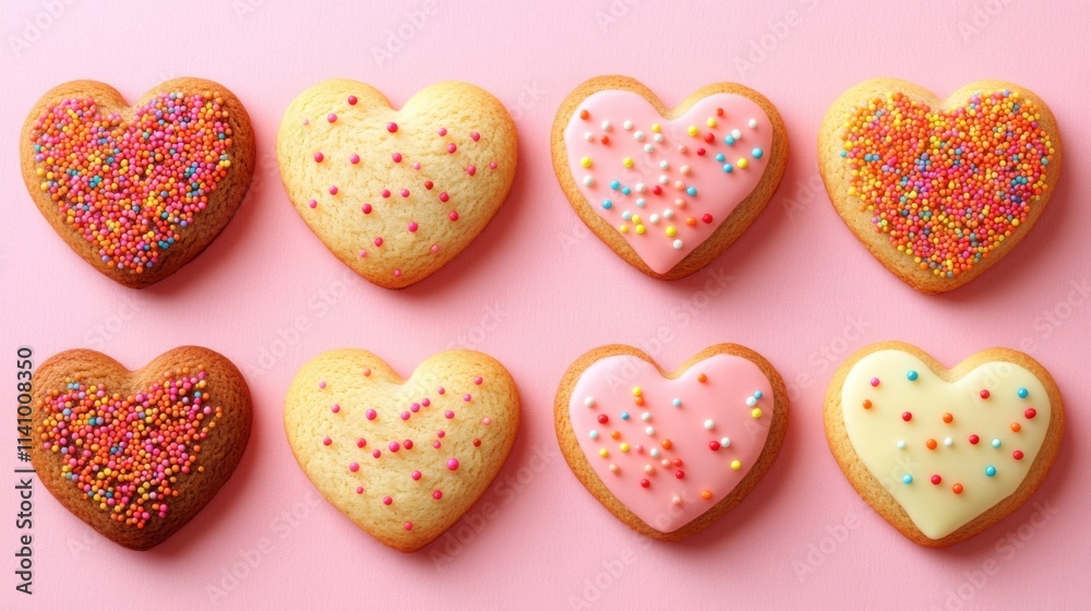 Six Heart Shaped Cookies With Sprinkles Decorated Six Heart Shaped Cookies With Sprinkles Decorated