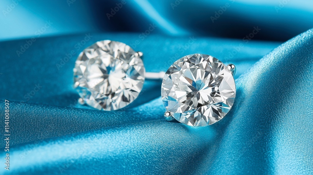 Elegant diamond earrings placed on luxurious satin fabric Elegant diamond earrings placed on luxurious satin fabric