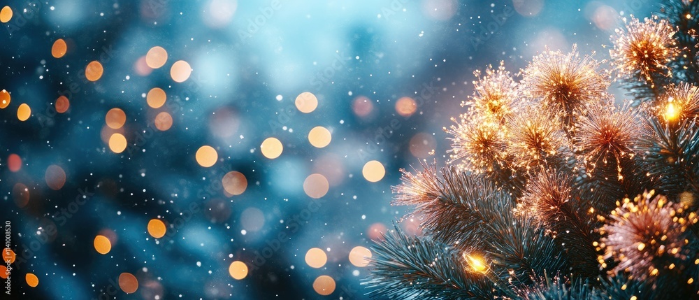 A serene winter scene with snowflakes and twinkling lights on a pine tree.