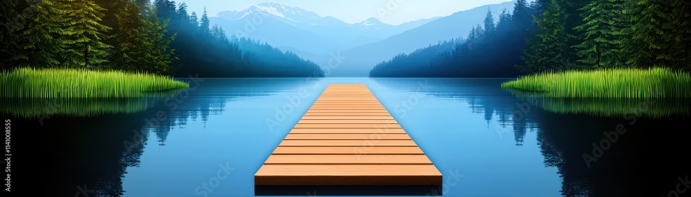 serene lake with wooden dock surrounded by lush trees and mountains serene lake with wooden dock surrounded by lush trees and mountains