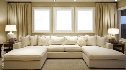 Elegant Living Room Interior Design with Sectional Sofa and Large Windows