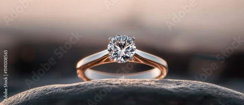 Close-up of a diamond engagement ring resting on a rock. the ring is made of rose gold and has a round brilliant cut diamond in the center.
