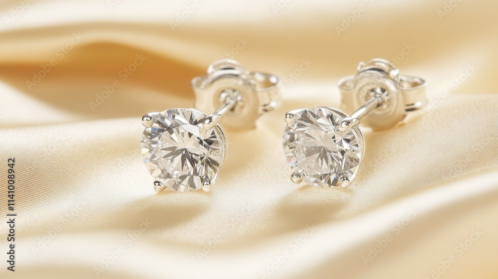 Elegant Diamond Earrings on Soft Satin Fabric Background Elegant Diamond Earrings on Soft Satin Fabric Background