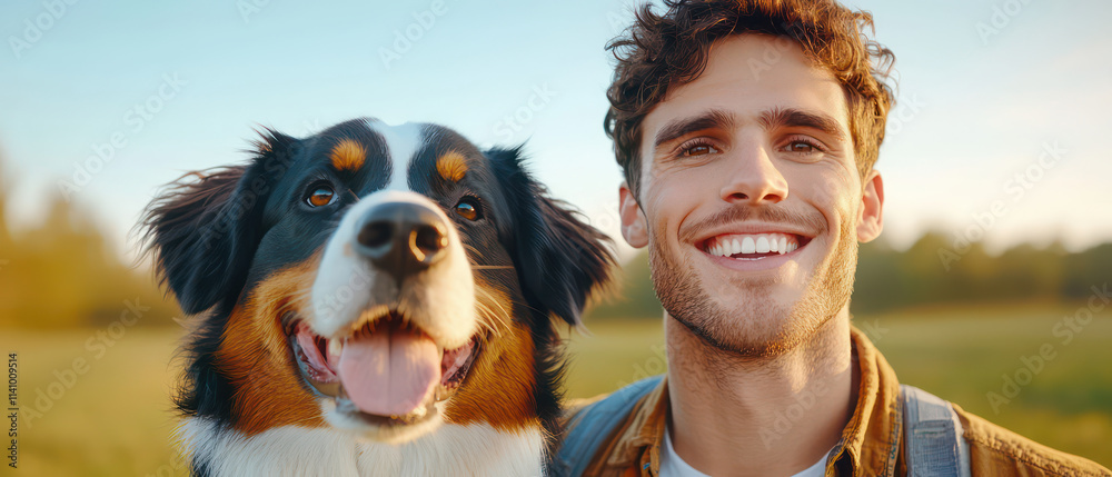 young man smiles joyfully with large dog in sunny field, showcasing their bond young man smiles joyfully with large dog in sunny field, showcasing their bond