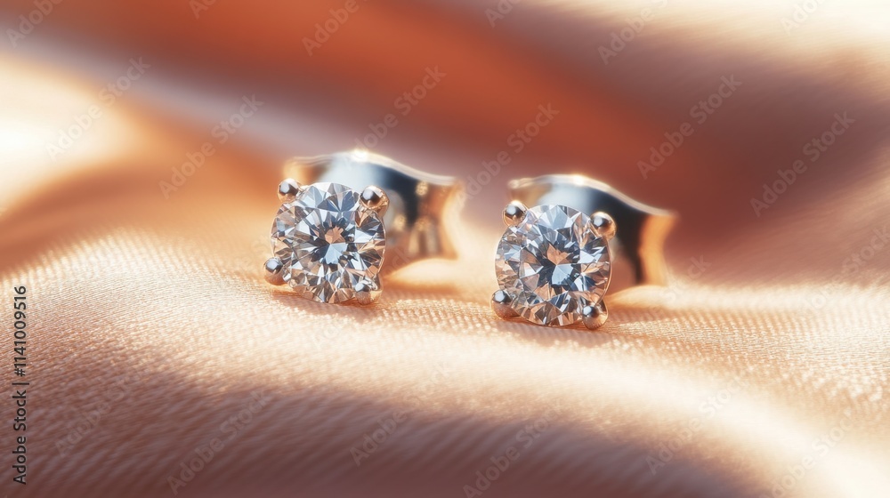 Elegant Diamond Stud Earrings on Soft Satin Fabric Background Elegant Diamond Stud Earrings on Soft Satin Fabric Background