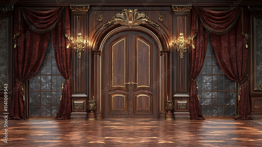 Obraz premium Grand ornate wooden double doors in a luxurious classical interior with dark wood paneling, rich red curtains, and marble accents.