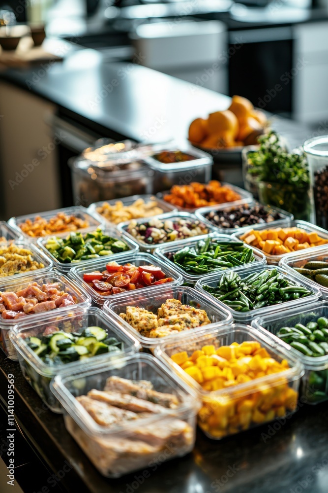 Colorful meal prep containers filled with fresh ingredients in a bright kitchen setting during the day. Generative AI Colorful meal prep containers filled with fresh ingredients in a bright kitchen setting during the day. Generative AI