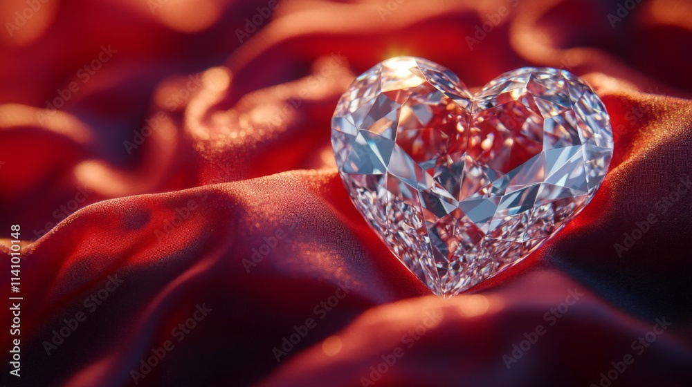 Fototapeta premium A Sparkling Diamond Heart Rests On Red Satin