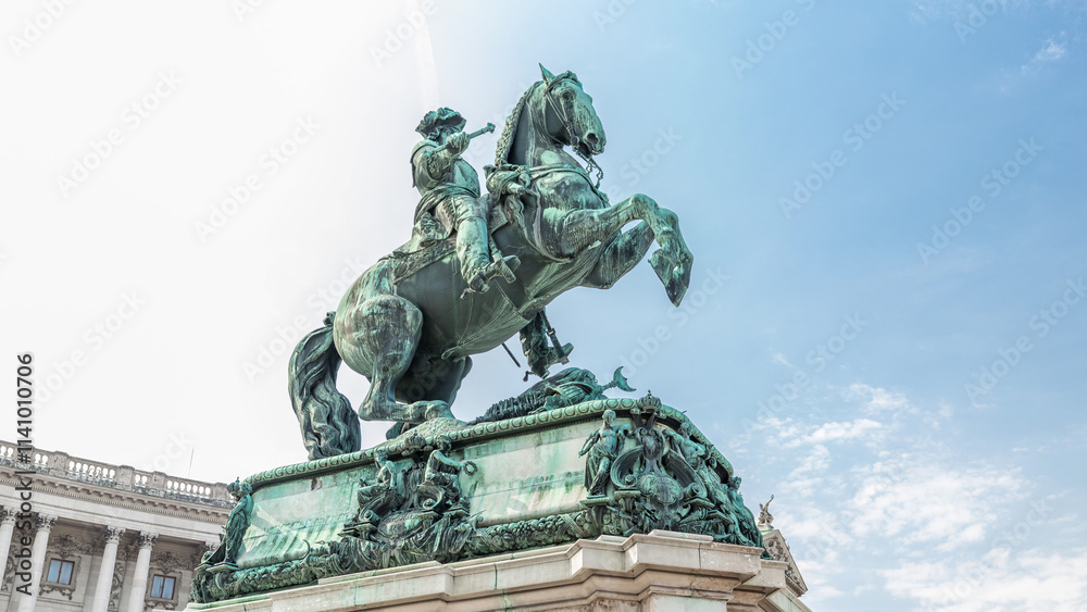 Equestrian statue of Prince Eugene of Savoy timelapse hyperlapse in front of Hofburg palace, Heldenplatz, Vienna, Austria. Equestrian statue of Prince Eugene of Savoy timelapse hyperlapse in front of Hofburg palace, Heldenplatz, Vienna, Austria.