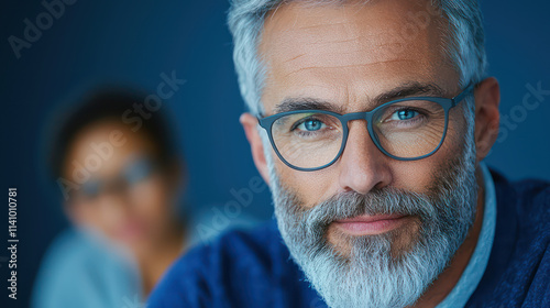 Experienced senior man with glasses mentoring young person in background, showcasing wisdom and guidance