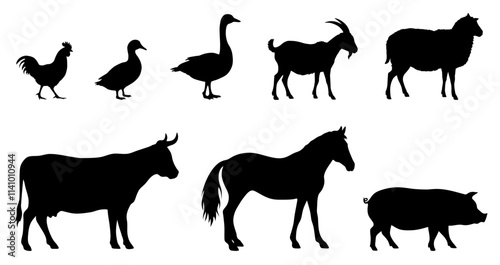 Farm Animal Livestock Silhouette Clipart Set on a Transparent Background, Including Horse, Cow, Pig, Goat, Sheep, Chicken, Duck and Goose