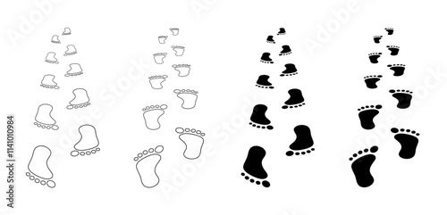 Cartoon Bare Footprint Steps Walking Away and Toward Clipart Set on a Transparent Background - Outline and Silhouette