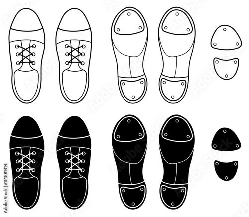 Dance Tap Shoes with Isolated Metal Taps Clipart Set, Top and Bottom with Outline and Silhouette on a Transparent Background