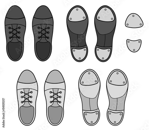 Dance Tap Shoes with Isolated Metal Taps Clipart Set, Top and Bottom Sole on a Transparent Background, White and Black Colors