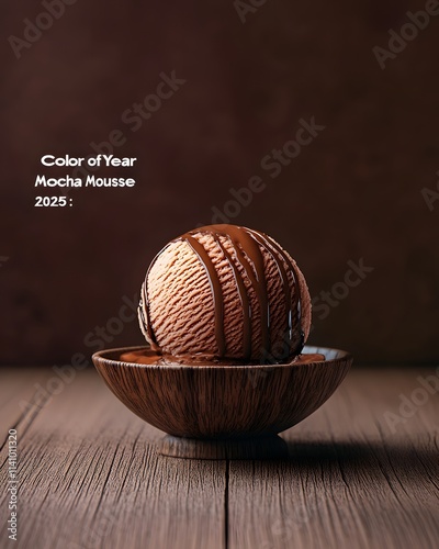 Enjoying a single scoop of caramel gelato in a rustic bowl on a wooden table in a cozy setting
