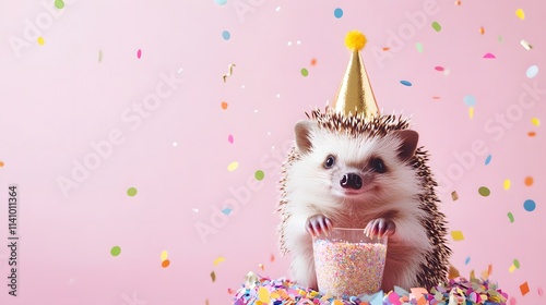 Smiling hedgehog with a gold party hat enjoying a festive celebration