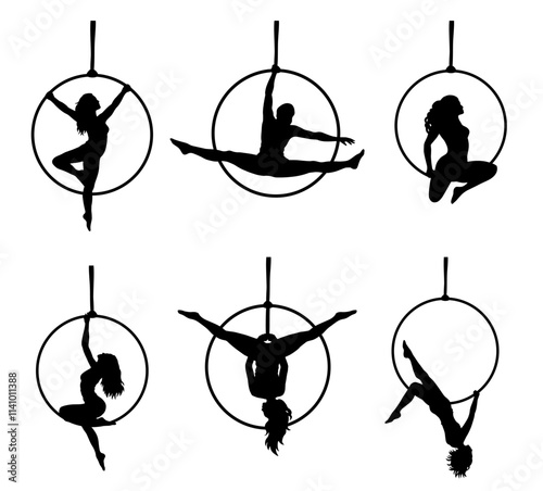 Aerial Hoop Ring Acrobat Silhouette Poses Clipart Set 3 on a Transparent Background