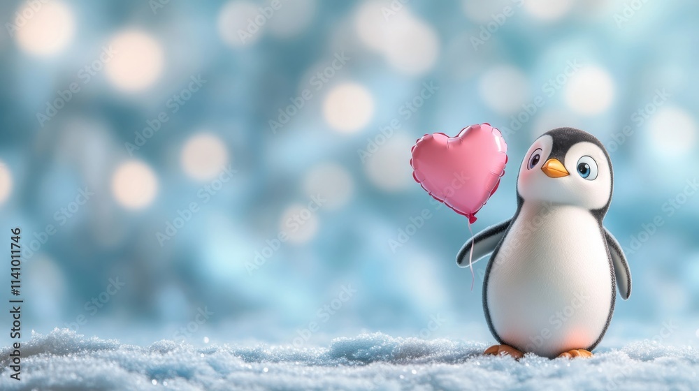 Obraz premium Adorable Penguin Holding Pink Heart Balloon in Snow