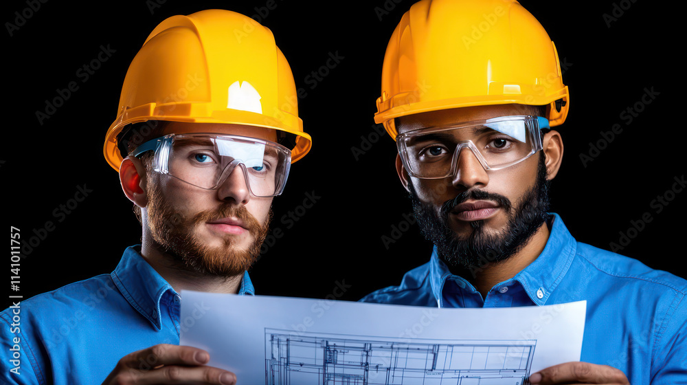 Engineers in hard hats reviewing blueprints with safety glasses on Engineers in hard hats reviewing blueprints with safety glasses on